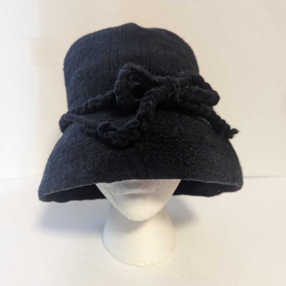 Vintage Wool‎ Blend Cloche Bucket Hat Removable Bow Black - Picture 2 of 5